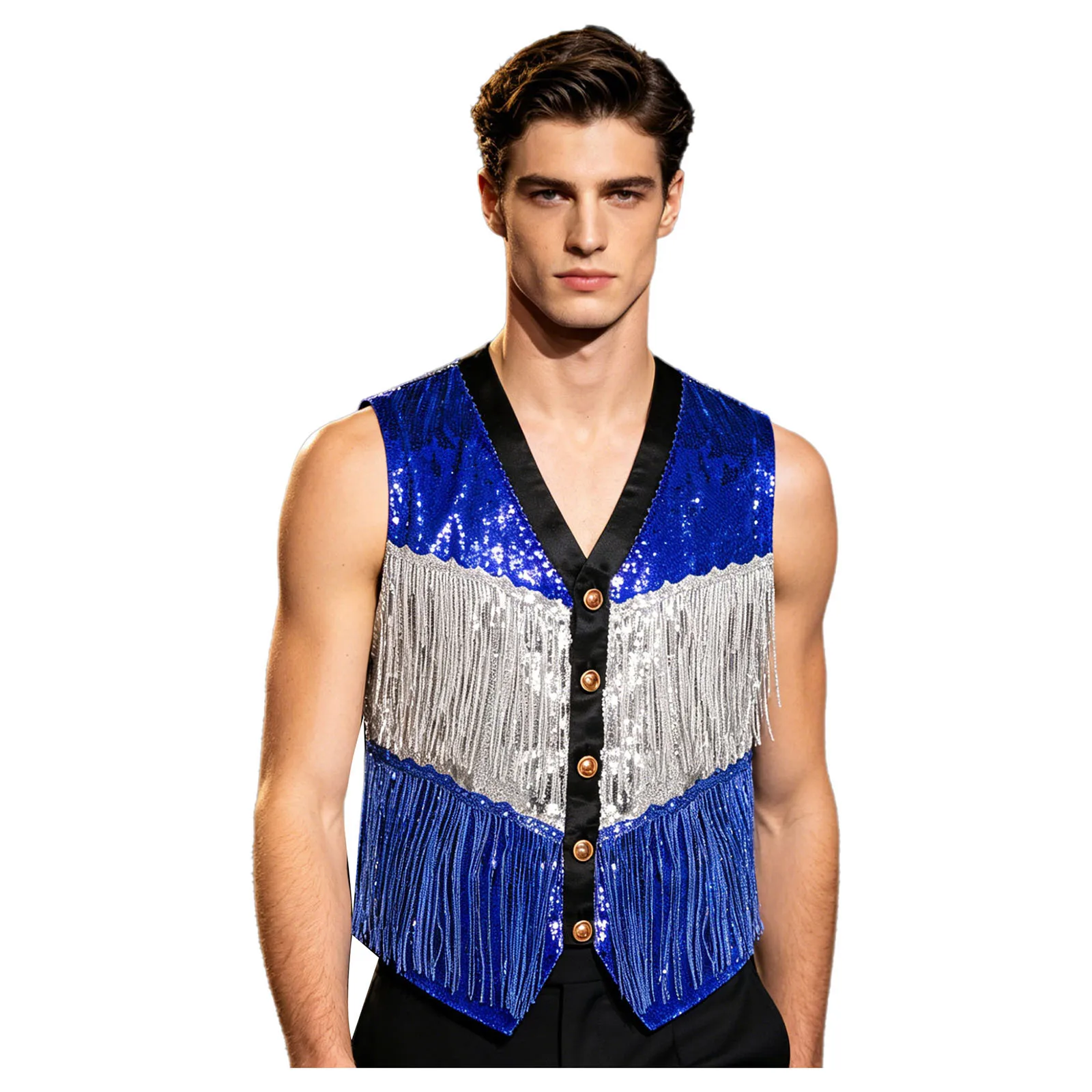 

Mens Disco Jazz Dance Party Clothing Glitter Fringed Vest Sequin Tiered Tassel Sleeveless Irregular Hem Waistcoat Tank Top