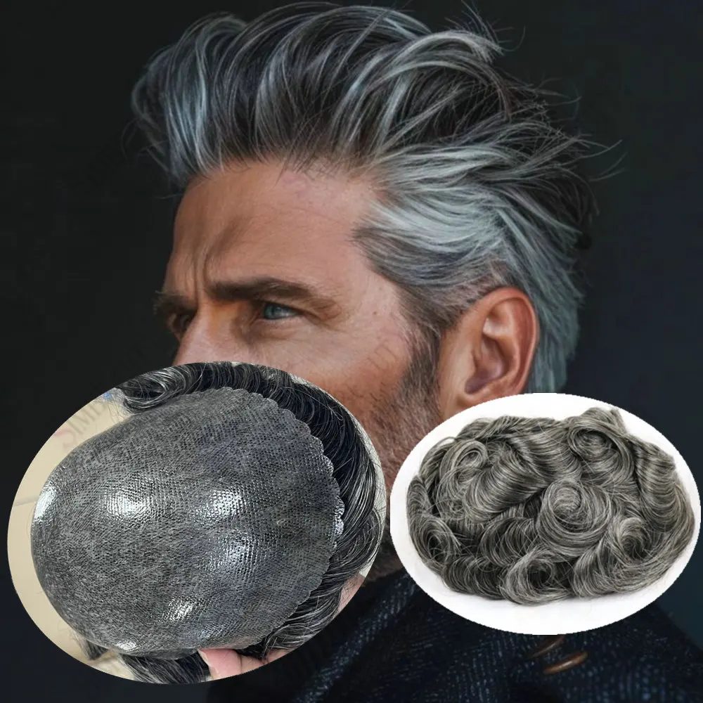

Men's 1b40Grey Black Human Hair Wigs Undetectable Men Silicon Toupee Super Durable 0.1mm Injection Skin Base 30mm Wavy Hairpiece