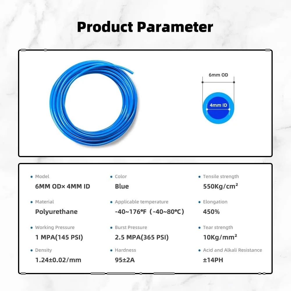 Pneumatic Tubing Blue PU Air hose Pipe Tube Kit 6mm OD 4mm ID 39.4ft/12 Meter for Air Line or Fluid Transfer