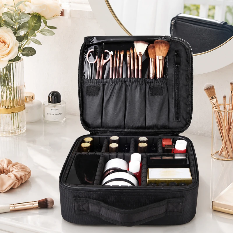 

Portable Makeup Organizer Case, Large Capacity Cosmetic Bag with Dividers, Travel Makeup Brush Storage Box with Handle