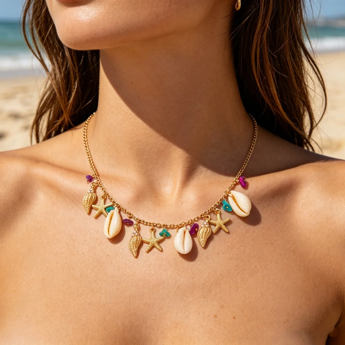 Boho-Halskette mit Muschel-, Seestern- und Schalenanhänger aus zerstoßenen Steinen für Damen und Herren, Ozean-, Strand-, Sommerurlaubsschmuck – Detail 9