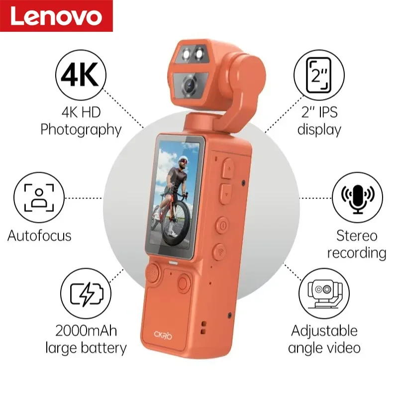 Lenovo Handheld Pocket Action Camera 180°Rotatable Gimbal 2.4G WIFI APP Transfer Vlog Video Recorder for Travel Outdoor Vlogging