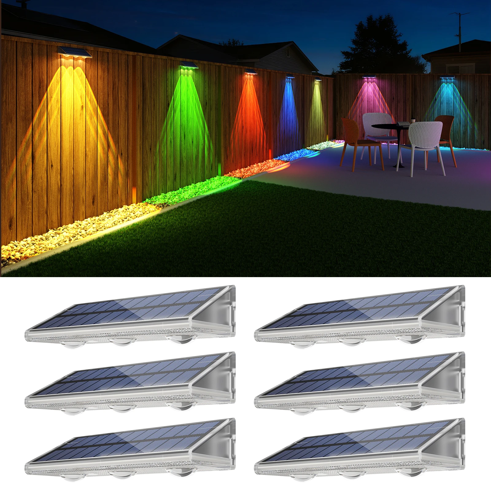 NONE Lampe solaire LED de qualité pour clôture, étanche IP66, marche/arrêt automatique, blanc chaud, 6 couleurs et Modes RGB, applique murale solaire pour arrière-cour et extérieur 3
