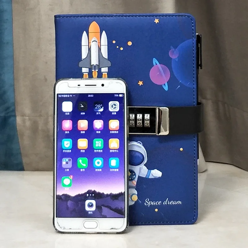 A5 Astronaut Line Grid Diary with Code Lock Blockade Notepad Password Book Cute Thick Journals Notebooks School School Supplies
