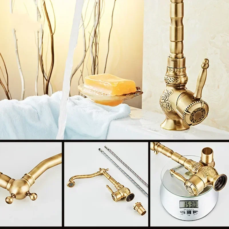 Antique Brass Bathroom Faucet Washbasin Retro Classic Kitchen Mixer Taps Carving Swivel Singe Handle Sink Tap Water Faucet