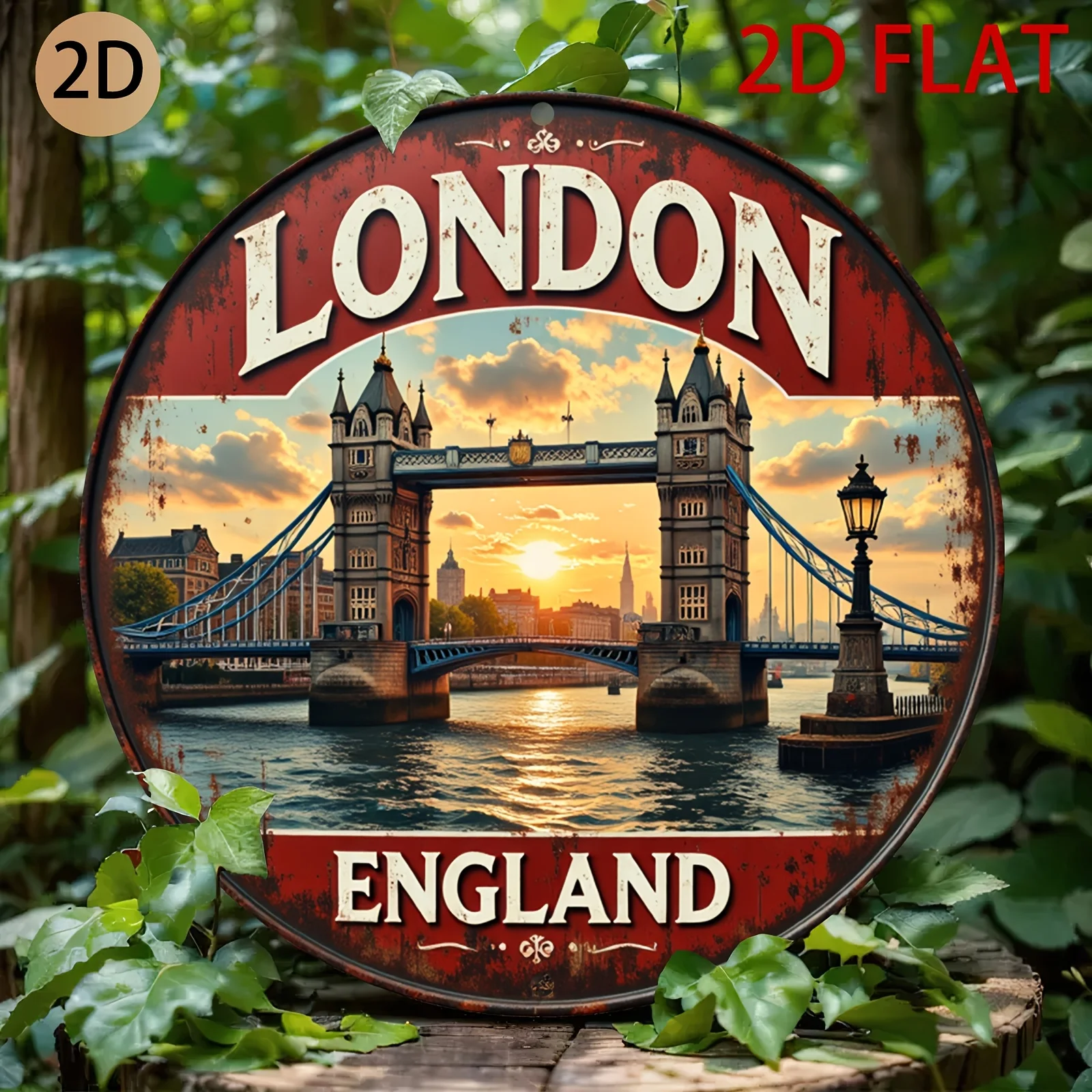 Vintage London England Metal Wall Art - Circular Sign with Tower Bridge Sunset Design, Rustic Retro Home Decor for Living Room