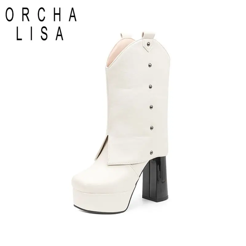 ORCHA LISA Ladies Half Lower Leg Booties Beige Box Toe 12cm Thick Heel Height 4cm Elevated Sole Large 44 45 46 47 48 49 50 US19