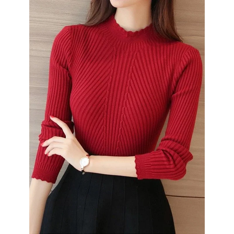 

2025 Autumn Women Mock Neck Ruffles Sweater Long Sleeve Knitted Bottoming Solid Pullovers Stripe Women Casual Sweater Winter