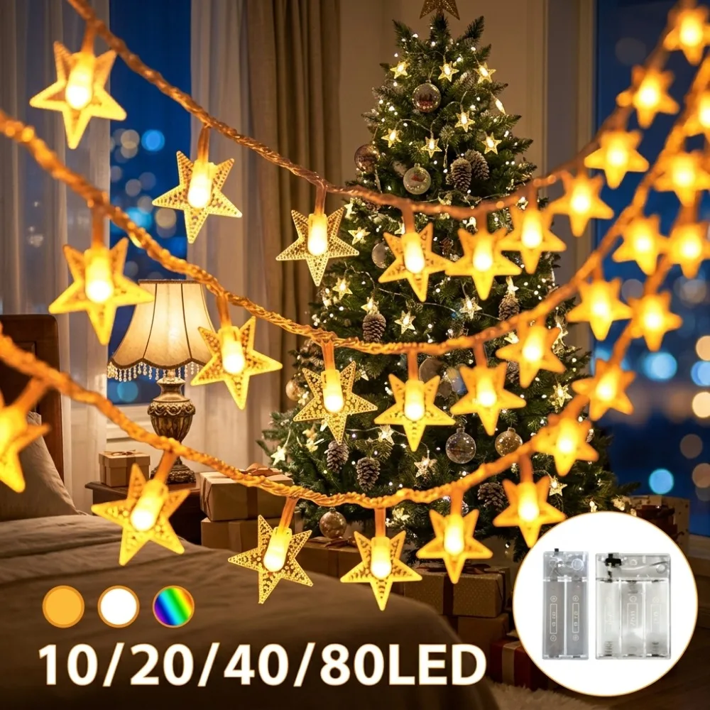 Battery Operated Star Fairy Lights 3 Colors for Christmas Tree Wedding Party New Year Festive Room Window Balcony Decor