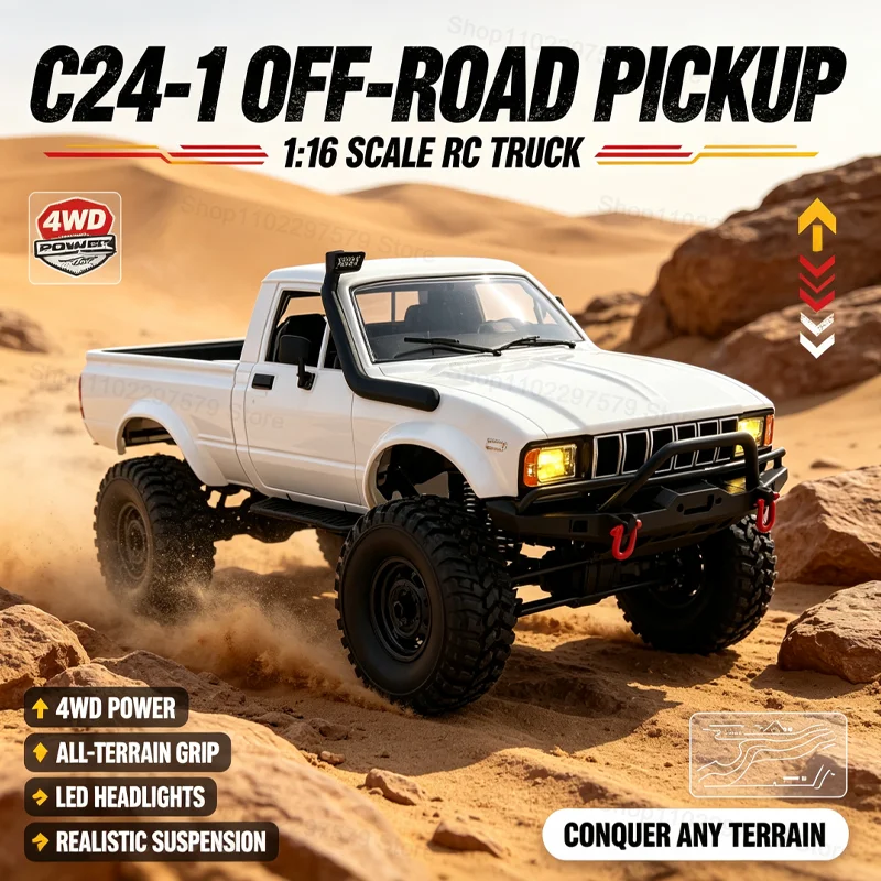 C24-1 RC Pickup Truck 1:16 Scale 4WD 2.4G Off Road Crawler Remote Control Car LED Headlights Shock Absorbing Toy For Kids Adults