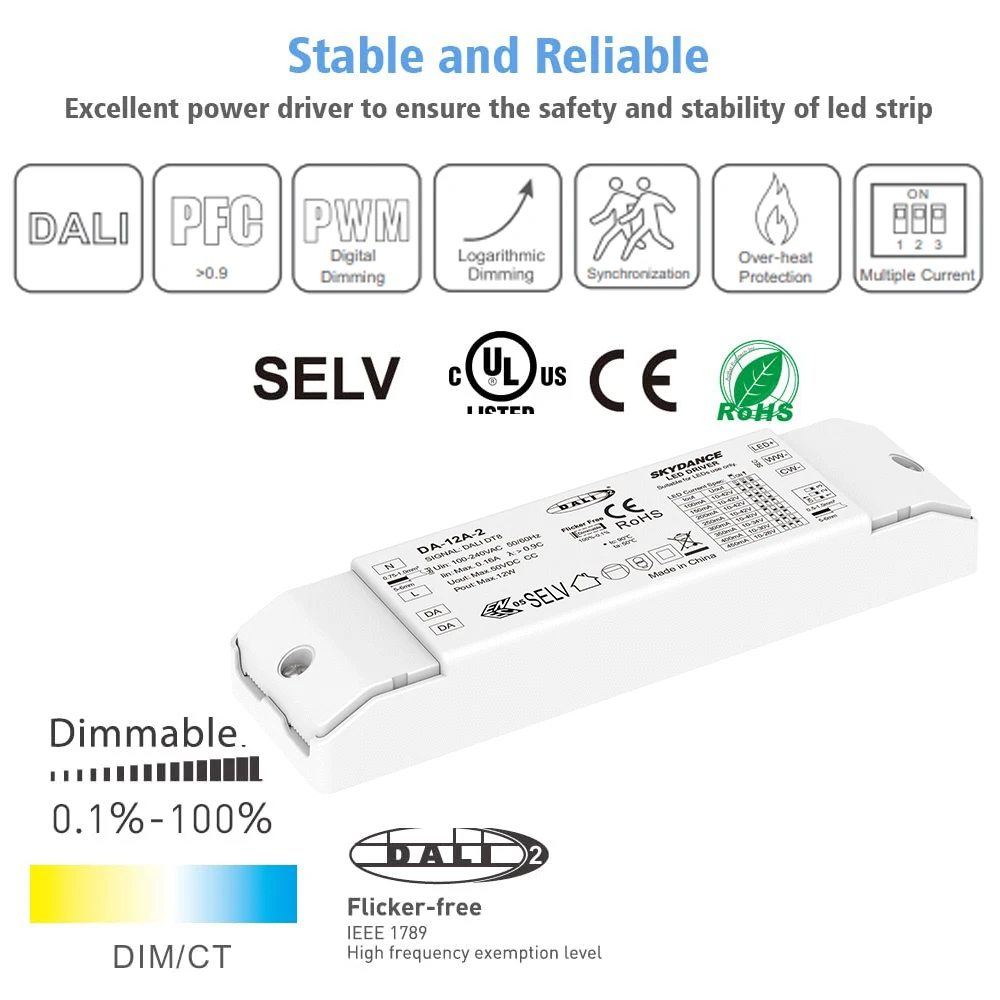 12W DT8 DALI CCT Sterownik LED Możliwość przyciemniania Zasilacz Obsługa DALI-2 Tryb ściemniania PWM Cyfrowe ściemnianie do kolorowej lampy LED CCT