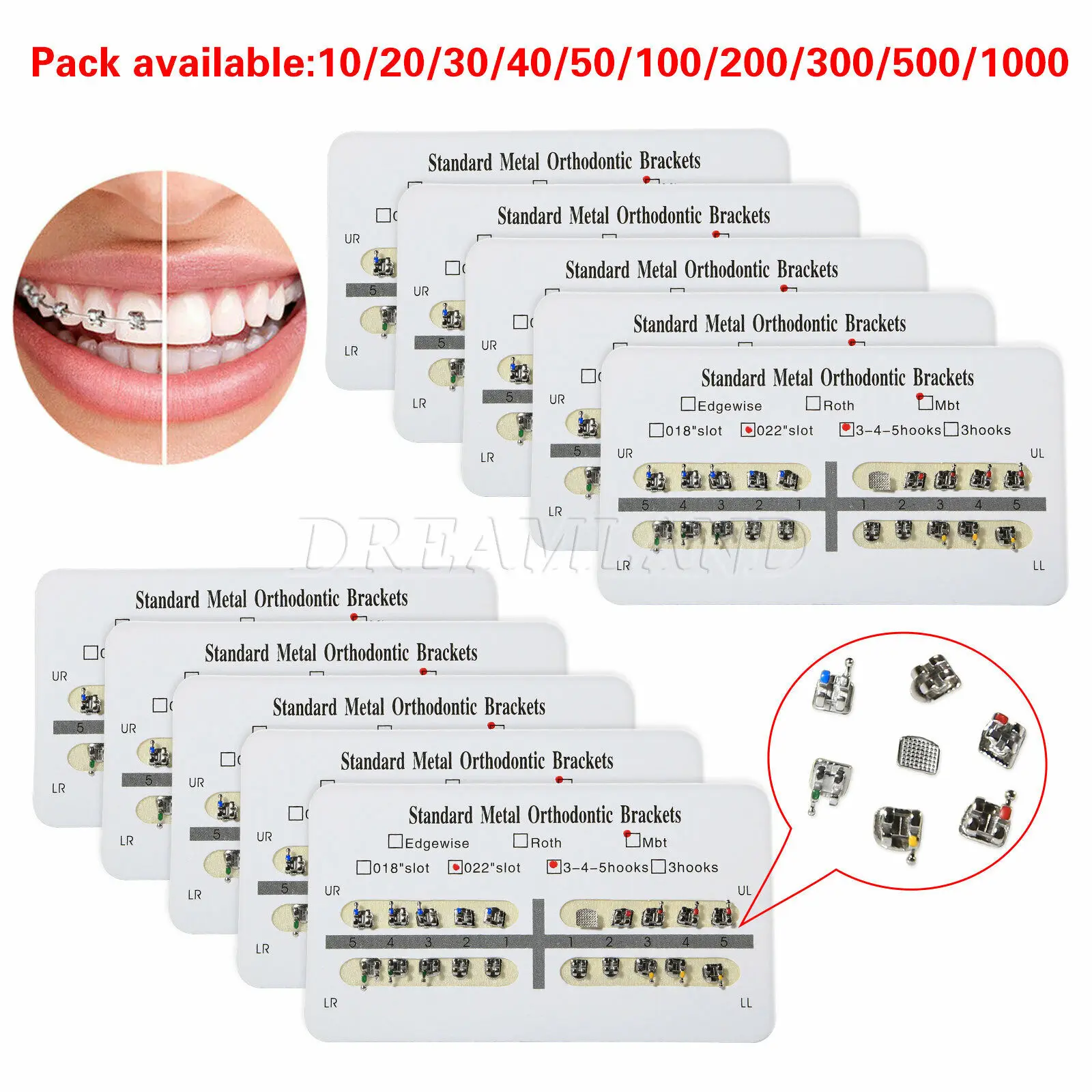 

10Packs/200PCS Dental Orthodontic Bracket Braces Mini MBT 022 Slot 3-4-5 Hooks FDA CE #6