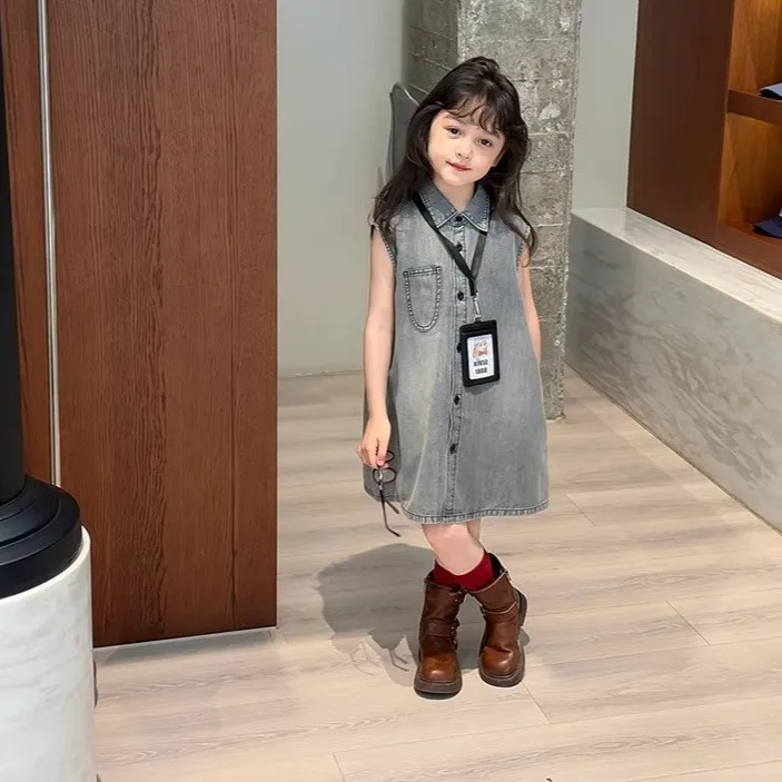 Girls Denim Dress Lapel Sleeveless Denim Dress Summer Girls Outfit Children Denim Skirt Kids Casual Vest Dress