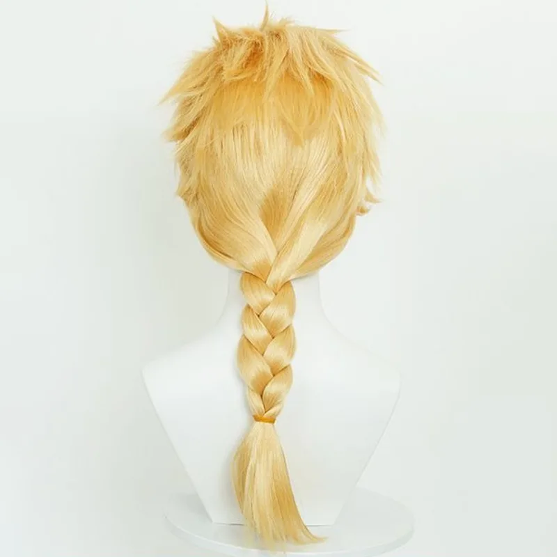 Giorno Giovanna Cosplay Wig Unisex Anime Golden Braid Ponytail Cosplay Wig with Circle Buns Synthetic Hair for Halloween Party