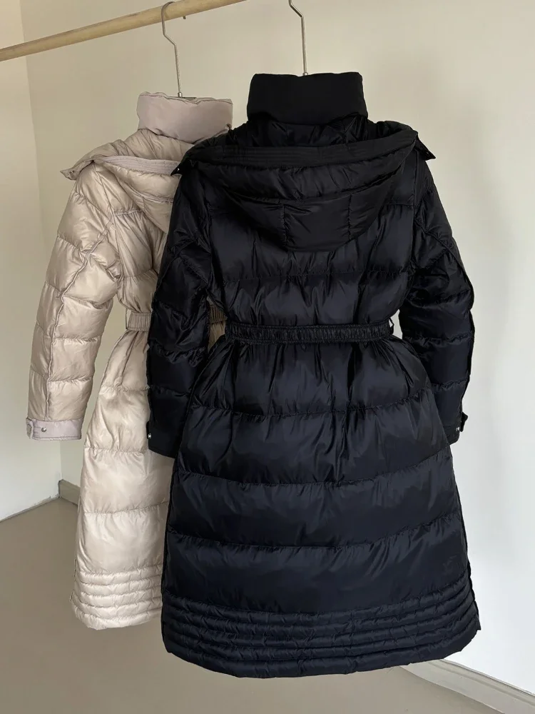 Elegant High-End Down Jacket Women Winter Fashion High Waist With Belt Hooded Thicken Loose Long 90 White Duck Puffer Coat Burst