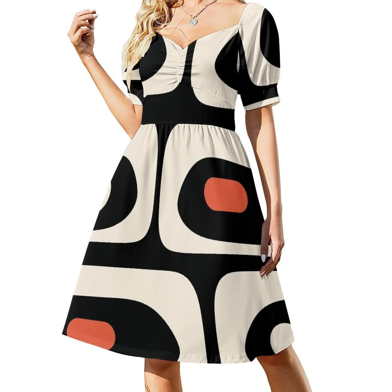 

Mid Century Modern Piquet Abstract Pattern Black, Orange, and Almond Cream Short Sleeved Dress dress summer 2025 women Dress