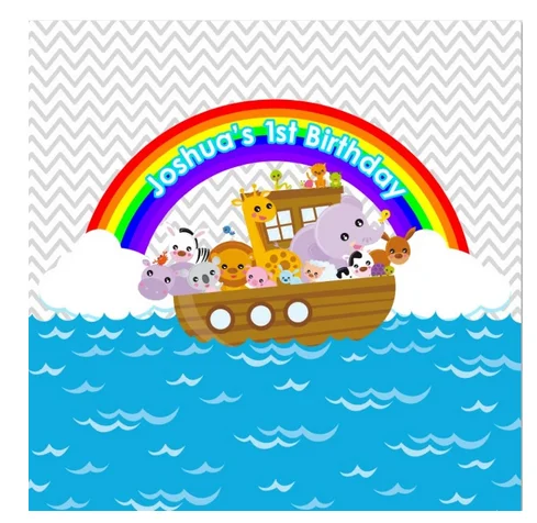 5x5FT Flood Water Genesis Noah's Ark Baby Animals Happy Birthday God Custom Photo Backdrops Backgrounds Vinyl 150cm X 150cm