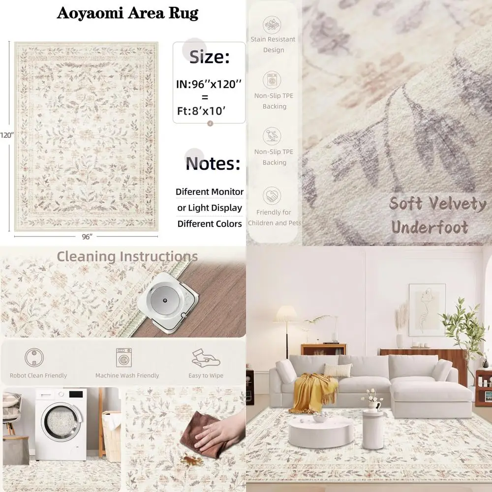 

8x10 Коврик в стиле бохо с цветочным принтом, моющийся и нескользящий, мягкий низкий ворс для гостиной, спальни, столовой и детской игровой комнаты (цветочный биг)