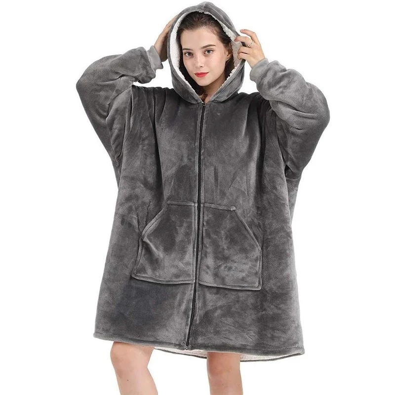 Zipper Design Lazy Blanket Warm Hooded Pajamas Lamb Fleece Wearable Blanket Loose Thick TV Coat