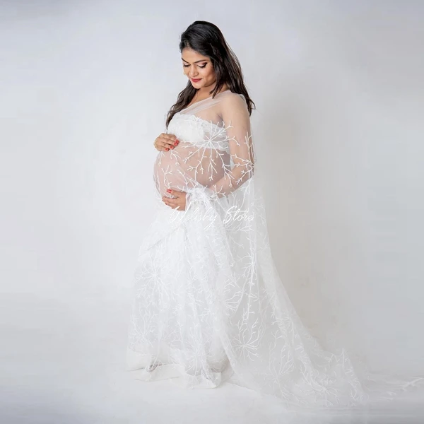 

Bridal White Sheer See Thru Illusion Tulle Maternity Dresses Plus Size Sexy Floor Length Photography Pregnancy Women Party Dress