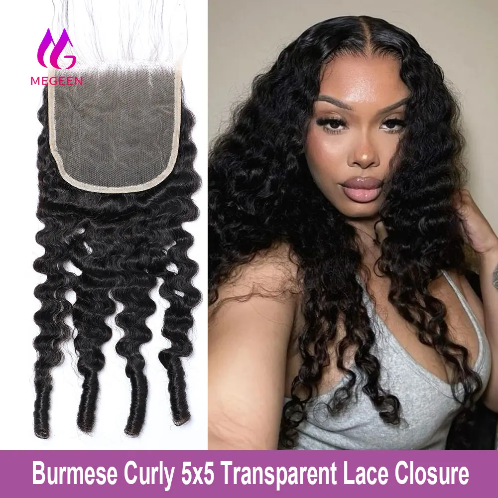 

Megeen 5x5 бирманская кудрявая Прозрачная Кружевная застежка с спиральными концами человеческие волосы свободная часть закрытия 12-20 дюймов наращивание волос 15A