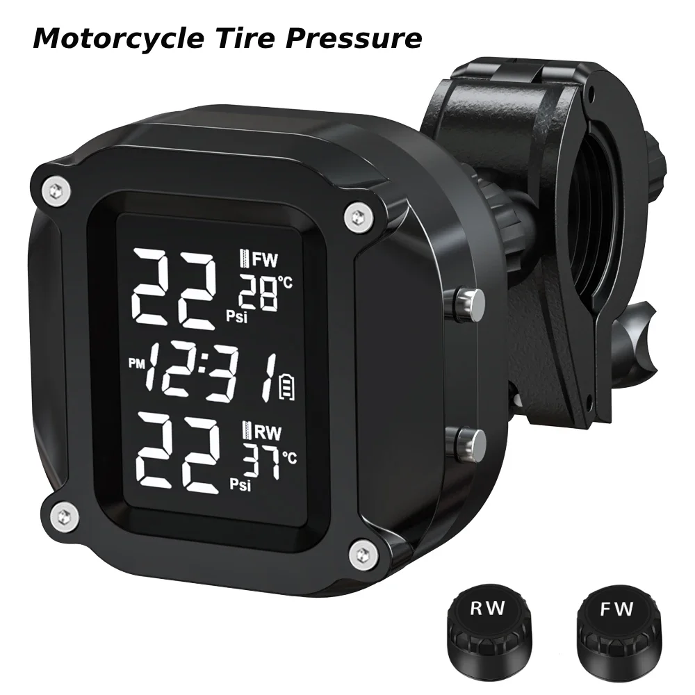 Motorcycle Tire Pressure Monitoring System with 2 External Sensors, LCD Wireless Motorcycle Tire Pressure Monitoring System