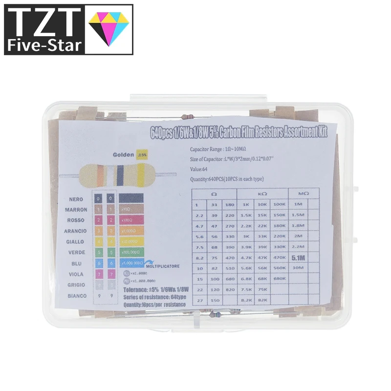 

1/8 Вт, 5%, 640 шт., 64 значения, 1R-10MR, 0,125 Вт, набор фотографий из углеродной пленки