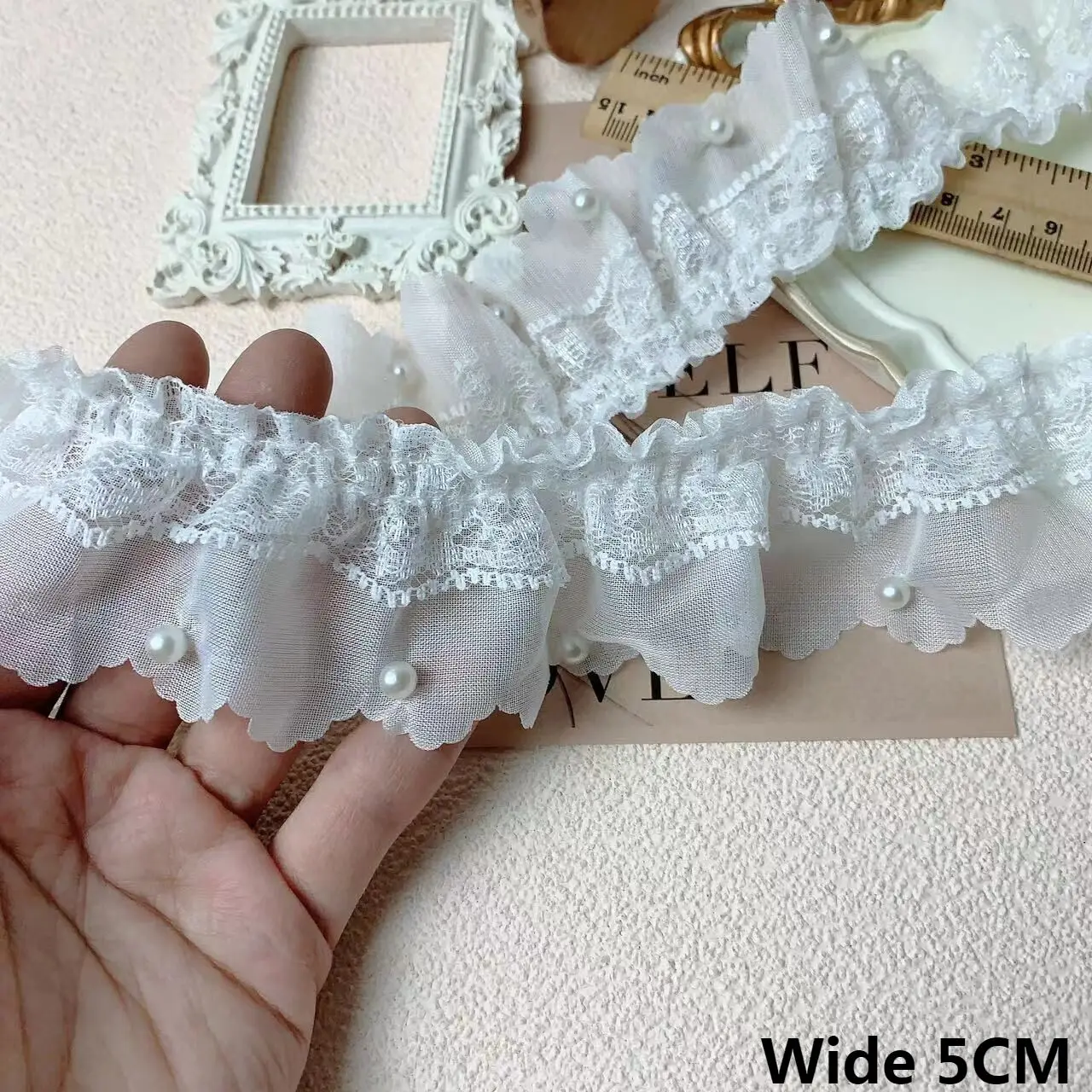 

5CM Wide White Frilled Chiffon Pleated Ruffle Beaded Fringe Lace Edge Trim Wedding Dress Collar Lolita Doll Clothes Sewing Decor