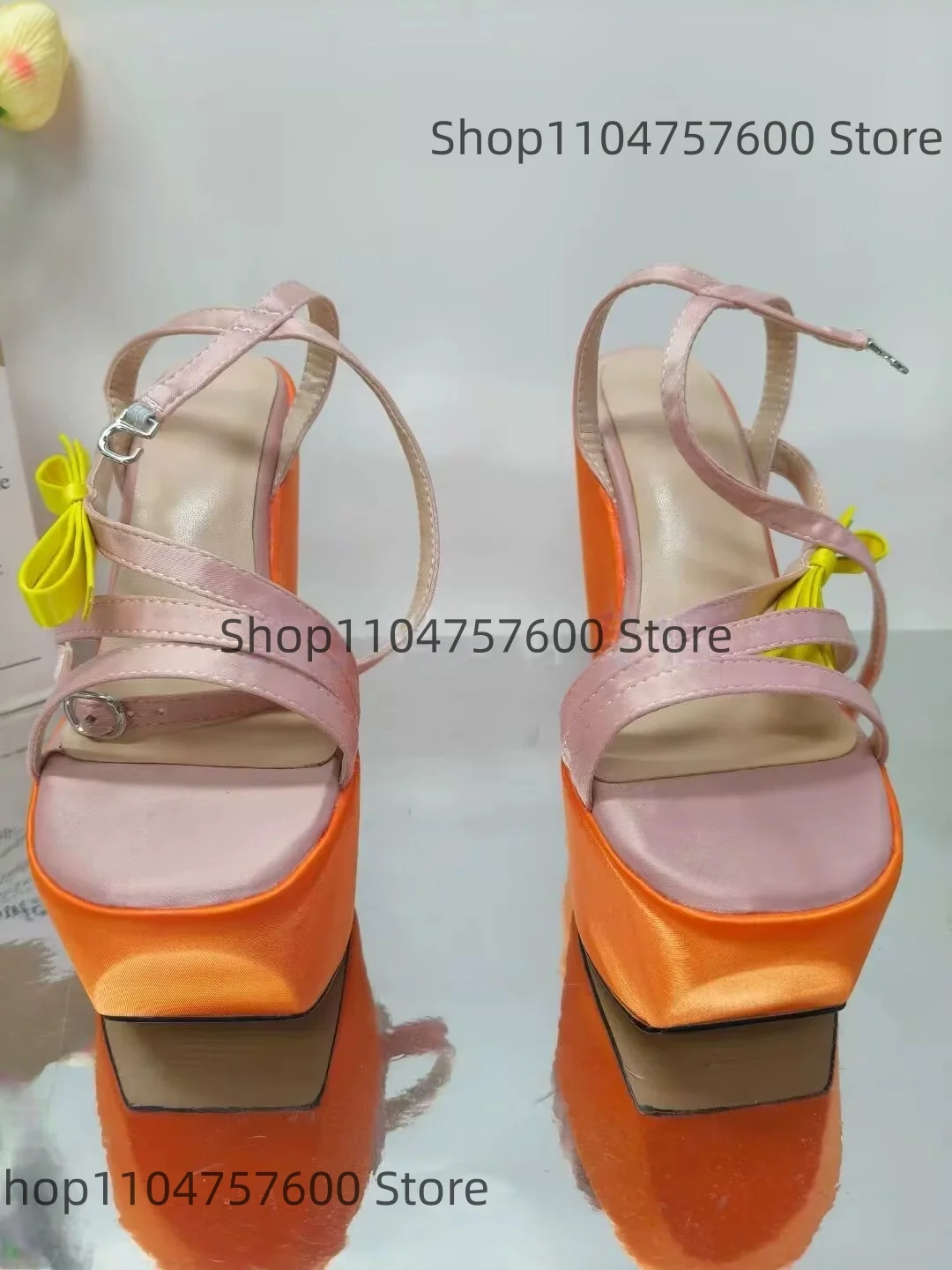 Sandalias de tacón de cuña con lazo de satén naranja y bloques de color en forma de corazón para mujer, estilo dulce retro romántico, informales, para playa y calle, zapatos de tacón alto.
