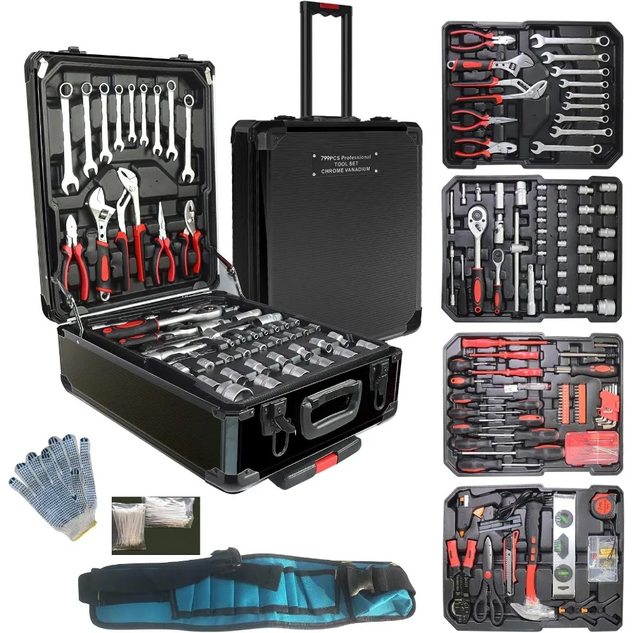 

799pcs Aluminum Trolley Case Tool Set Silver House Repair Kit for Home Use with Tool Belt Black Ideal Gift for Father'