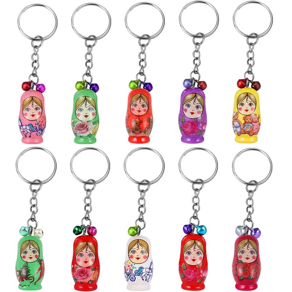 10 Pcs The Gift Key Chain Decorations Bags Matryoshka Rings Wooden Russian Miss Dolls Nesting