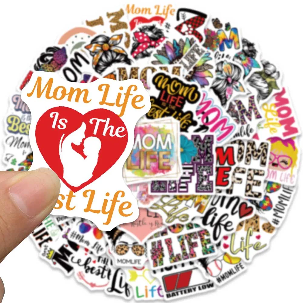 50PCS Mom Life Graffiti Cartoon Vinyl Funny Stickers Decals for Water Bottle Laptop Skateboard Scrapbook Luggage Kids Toy