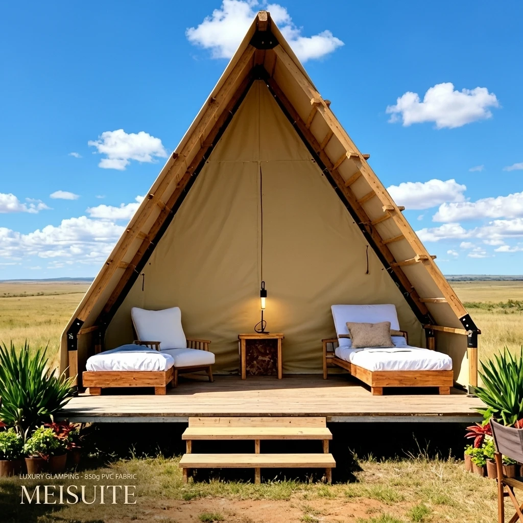 Wooden Style Double Layer Safari Glamping Tent Home Luxury Canvas With Bathroom Four-Season Waterproof Plywood Frame