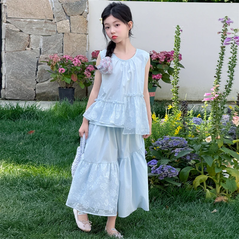 Children Clothes Girls Summer 2026 Blue Sleeveless Ruffle Asymmetric Shirt and Skirt Loose Breathable 110-170cm 15-50kg