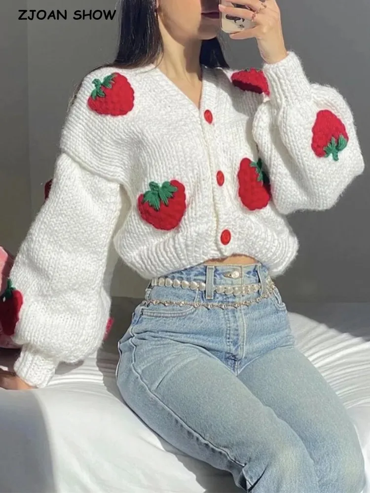 

Sweet 3D Fruit Strawberry Hand Made Crochet White Cardigan Sweater Woman V neck Long sleeve Knit Loose Knitwear Cardigan Jumper