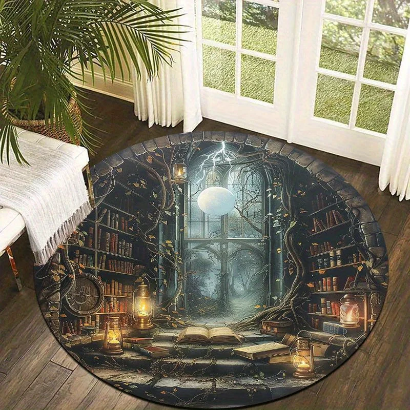 1pc 2D Flat Round Floor Mat, Mysterious Library Halloween Printed Rug, Holiday Home Decor, Suitable for Living Room