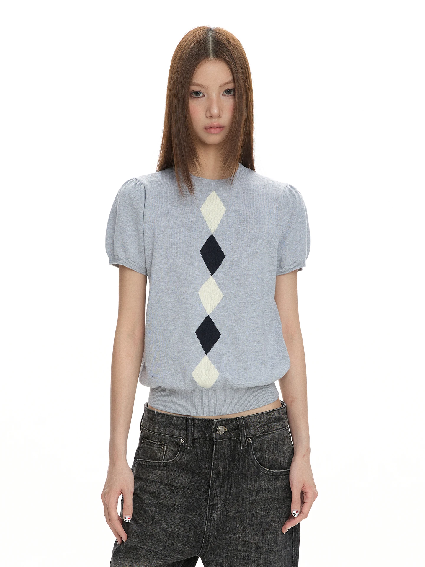 

VATTY American Retro Millennium Diamond Grid Bubble Sleeve Women's Summer Slimming Knitted Short Sleeve T-shirt Citywalk Stre...