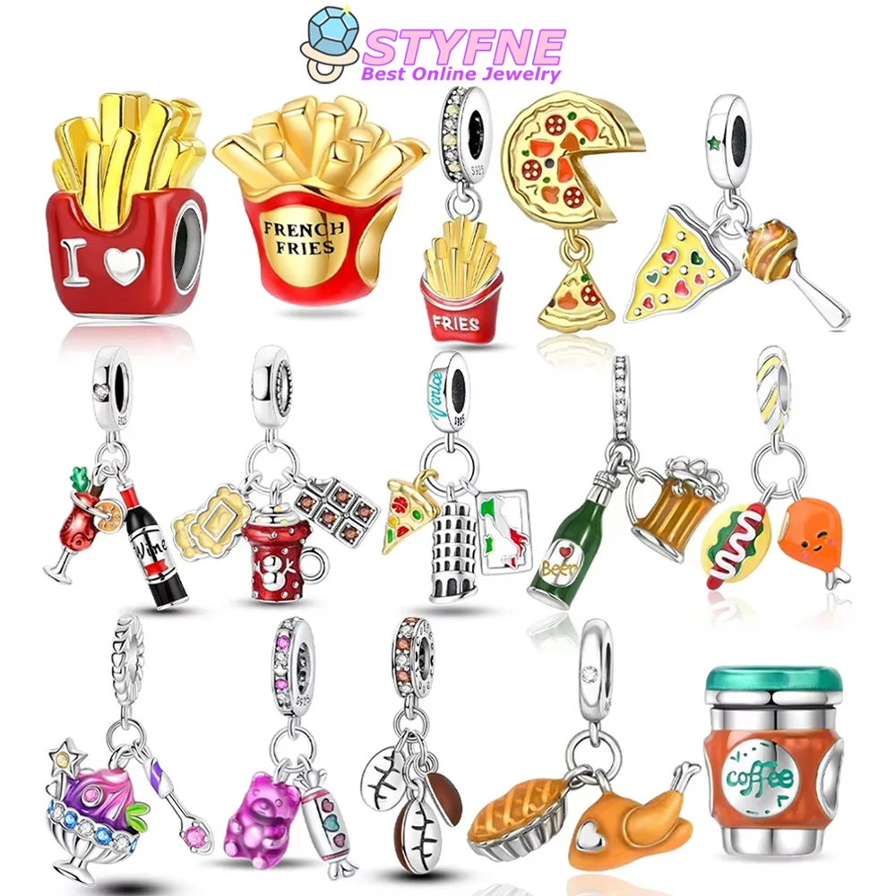 

Оригинальные подвески из серебра 925 пробы, картофель фри, пицца, винные бутылки, мармеладные конфеты, бусины, подходят для браслета, ювелирные изделия, женское ожерелье «сделай сам», подарок