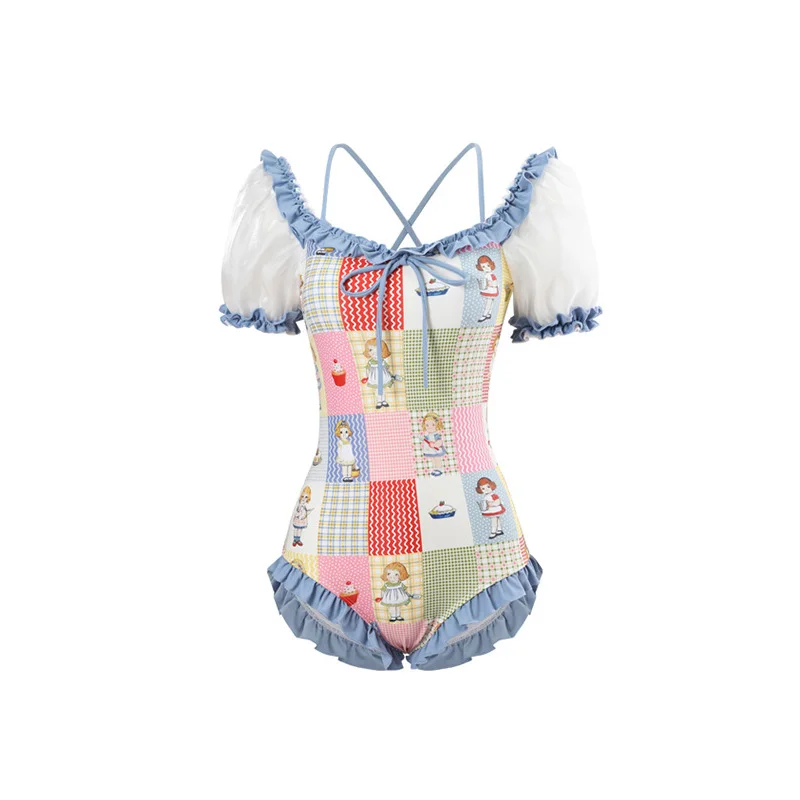 Cute Princess Puff Short Sleeves One Piece Swimsuit Swimwear Lolita Blue Ruffle Monokini Backless Bathing Suit Push Up Korea