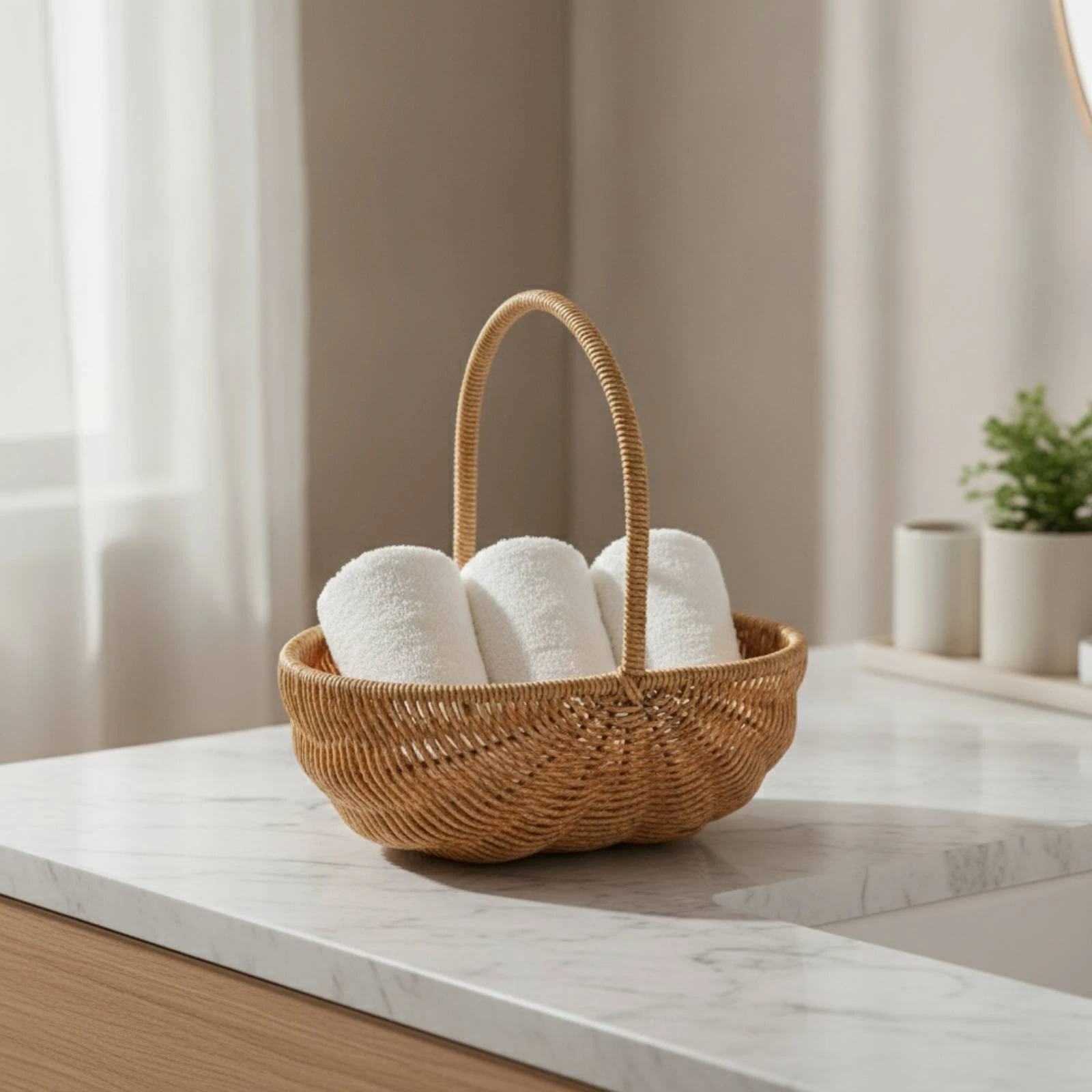 Woven Fruit Basket Handwoven Basket with Handle Open-Top Rustic for Kitchen Storage, Picnic view 6