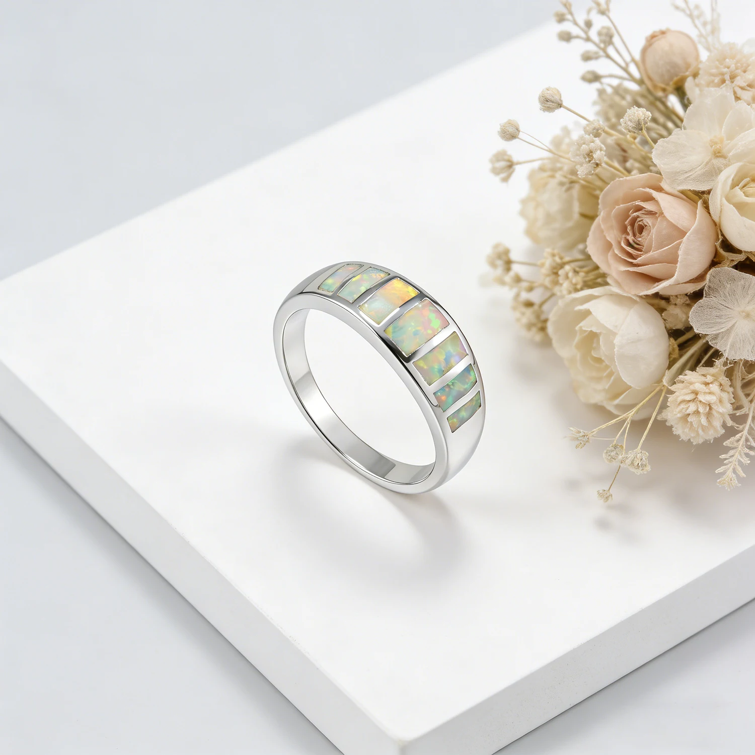 Elegant Luxurious White Fire Opal Bar Ring,Fined Jewelry Piece for Daily Wear,Perfect Rings Gifts for Her on Special Occasions