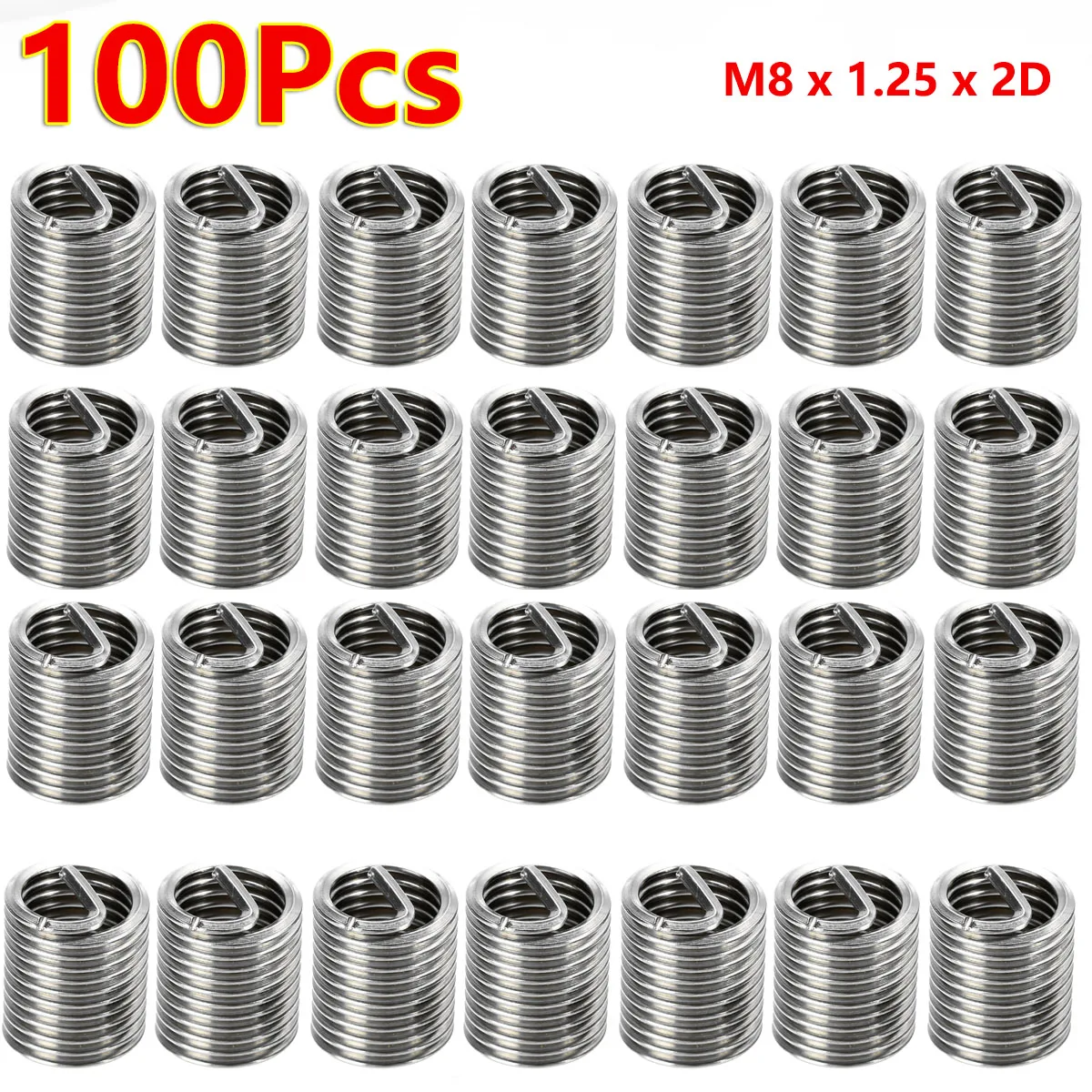 100Pcs M8 X 1.25 X 2D 304 Stainless Steel Coiled Wire Helical Screws Threaded Inserts Length for Helical Repair Assortment Kits