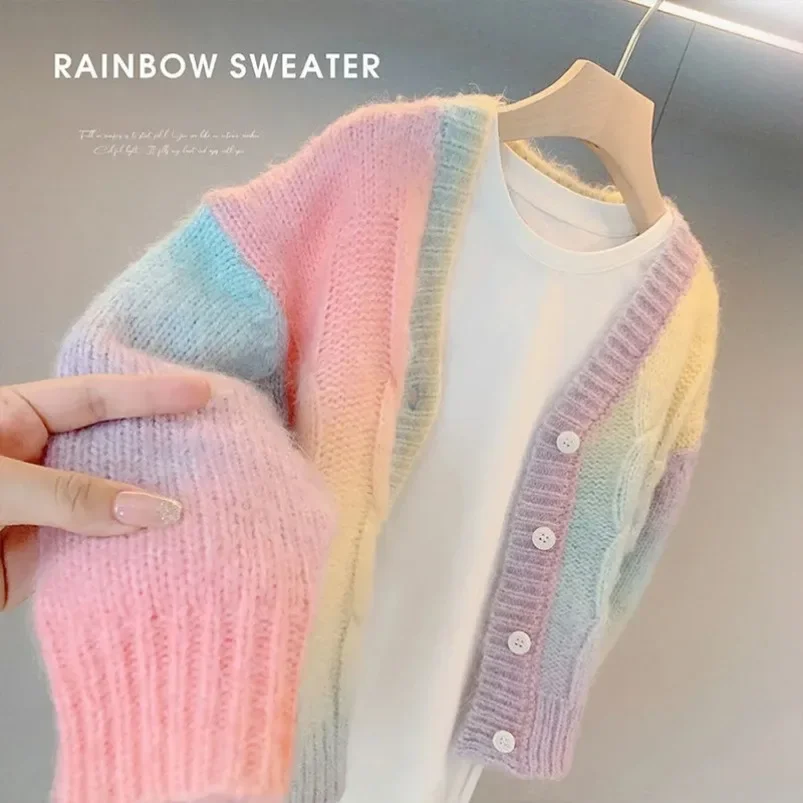 New Rainbow Knitted Cardiganr Infant Toddler Child Sweet Kawaii Sweater Coat Fashion Girls Gradient Jacket Clothes