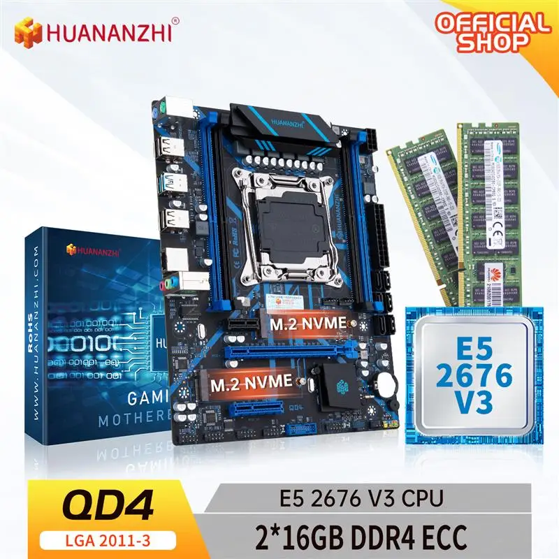 

Top HUANANZHI QD4 LGA 2011 Motherboard with Intel XEON E5 2676 v3 with 2*16G DDR4 RECC memory combo kit set NVME NGFF SATA USB