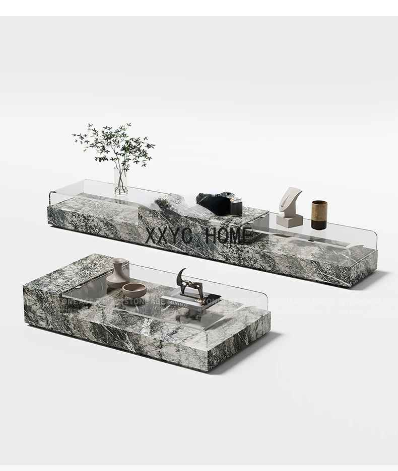 Natural Marble Coffee Table TV Cabinet Combination Glass Surface High-End Villa Minimalist Living Room Furniture