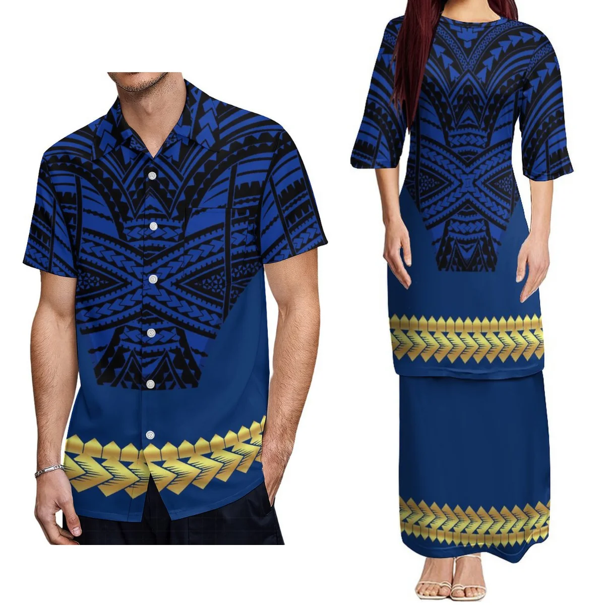 2024 Polynesian Dress Puletasi Samoan Women Traditional Ethnic Features Maxi Dress Tailored To Couple Suit  Aloha Shirt For Men