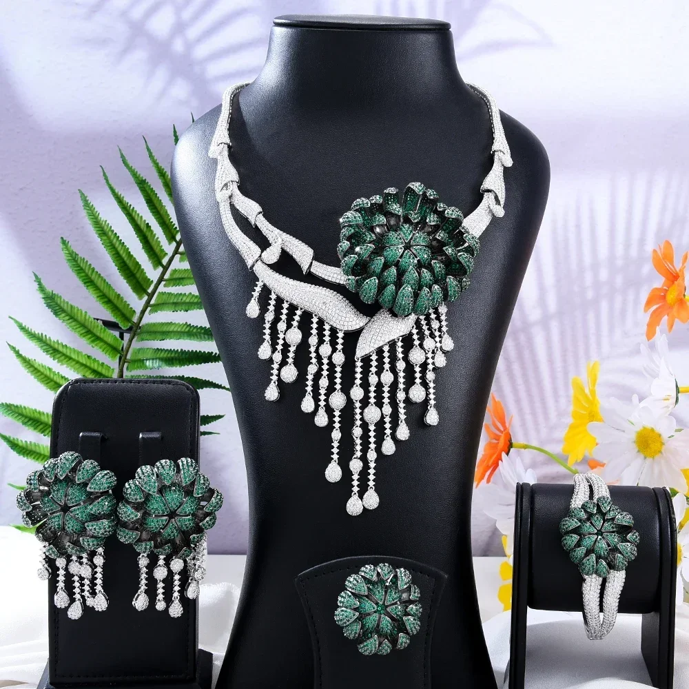 

Soramoore Luxury Big Flower Tassel Necklace Bracelet Earrings Ring 4PCS Jewelry Set Women Brides Wedding Jewellery High Quality