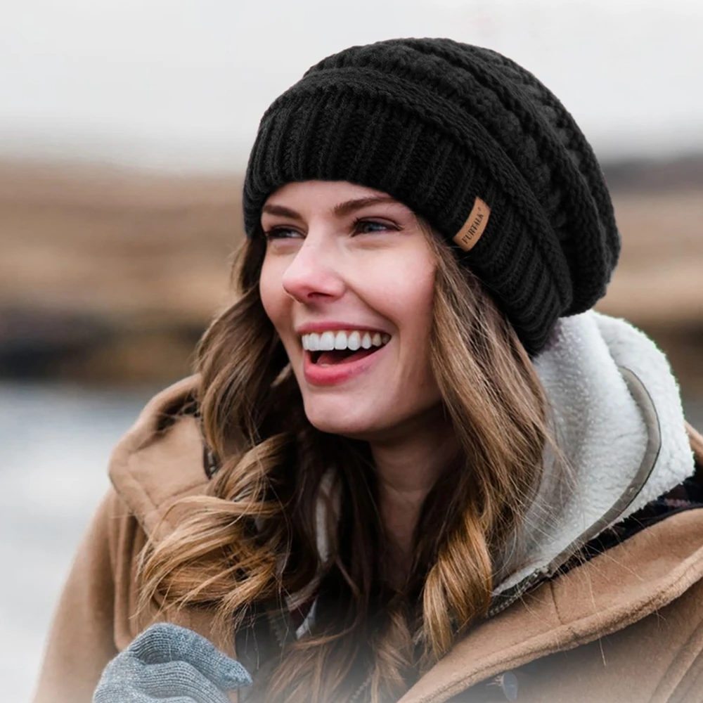 FURTALK Winter Satin Lined Beanie Hat for Women Cable Knit Chunky Slouchy Beanies Lady Double Layer Skull Warm Cap Fashion