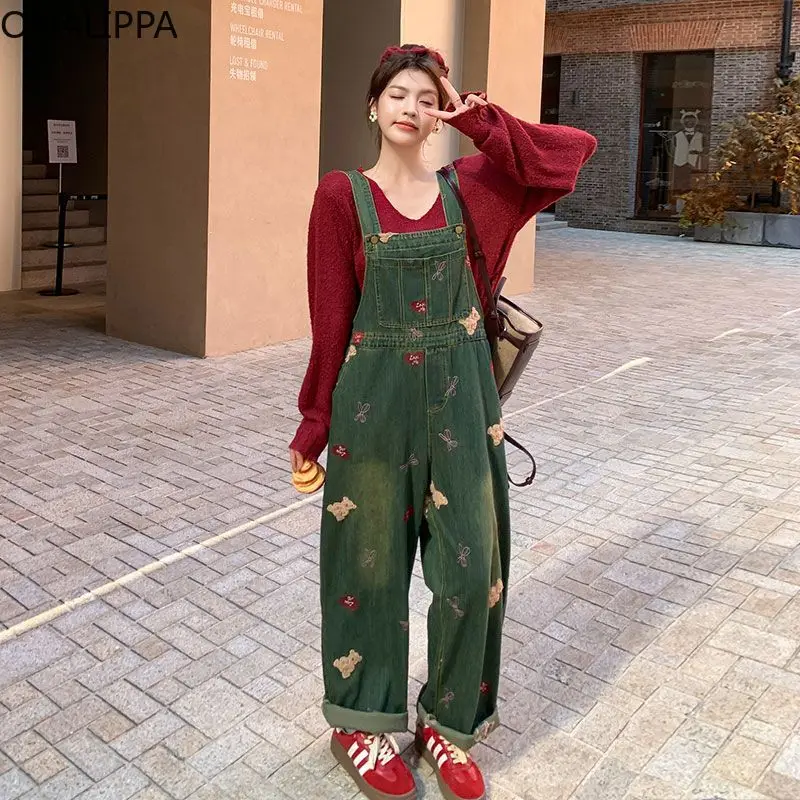 Onalippa Embroidery Cartoon Sticker Sweatpants Button Fly High Waist Denim Pants Korean Chic Design Wide Legs Women Clothes