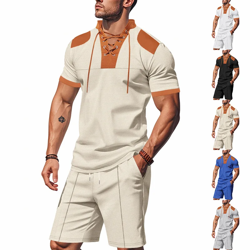 

Summer New Men's Casual Suit Bohemian Style Patchwork Design Drawstring Loose Henley Shirt Short SleeveTT-shirt and Shorts Suit